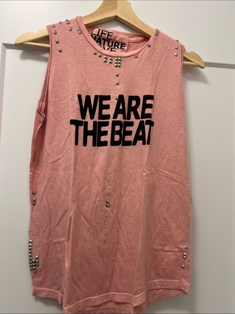 freecity Pink Studded Graphic Muscle Tank "WE ARE THE BEAT"